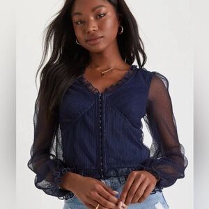 NWT Lulu's Blue Puff Long Sleeve Fitted Blouse Corset Size Small Navy Blue Top